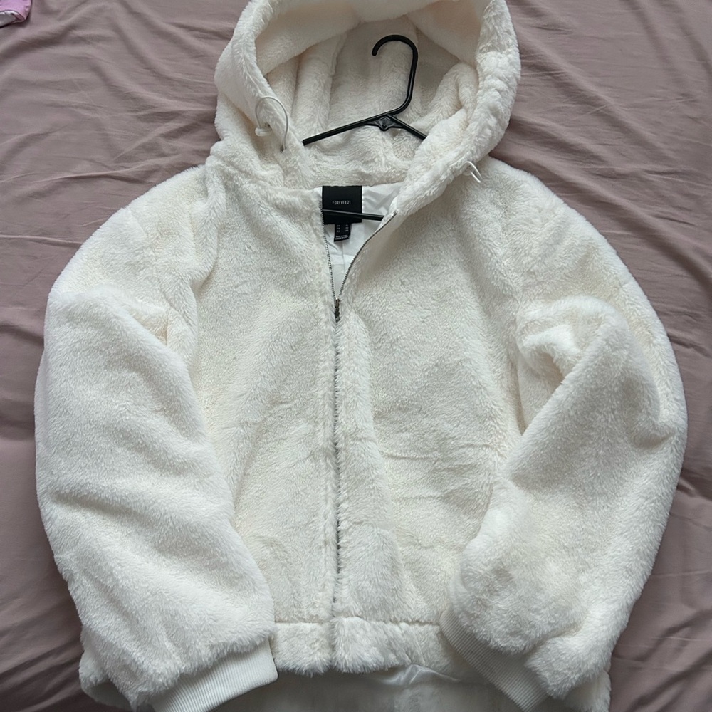 Forever 21 Cream Fuzzy Zip-Up Hoodie